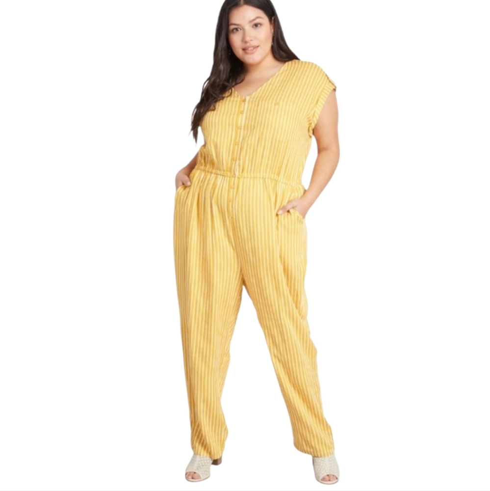 MODCLOTH Instantly Easygoing butter yellow striped linen‎ blend jumpsuit XL